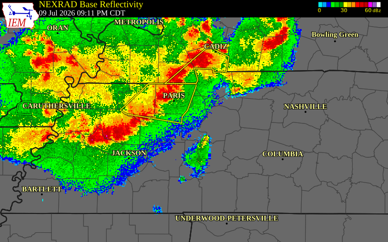 NEXRAD radar during the Thursday, July 9, 2026 storm activity in Benton County, Tennessee