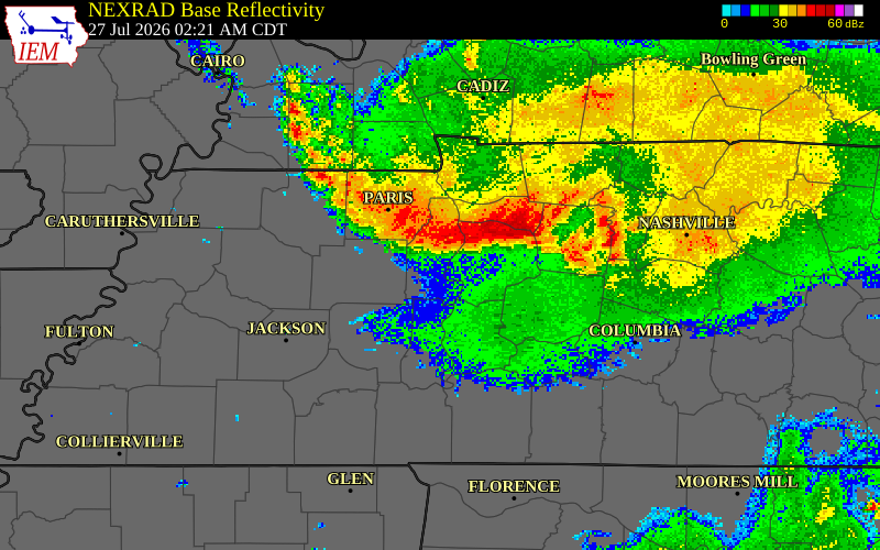 NEXRAD radar during the Monday, July 27, 2026 storm activity in Benton County, Tennessee