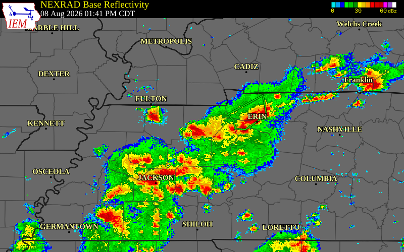 NEXRAD radar during the Saturday, August 8, 2026 storm activity in Benton County, Tennessee