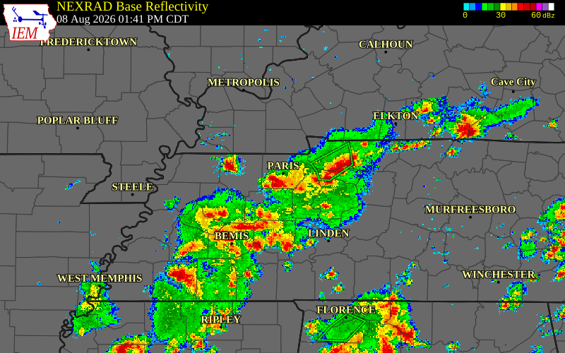 Radar snapshot during the Aug 8, 2026 wind event near Benton County, Benton County, Tennessee, with NWS warning polygons