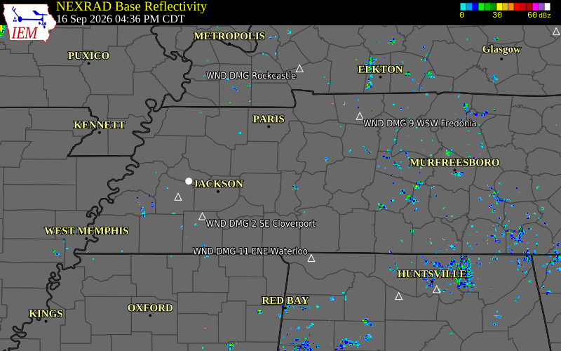 Current NEXRAD radar over Benton County, Tennessee with recent storm report locations