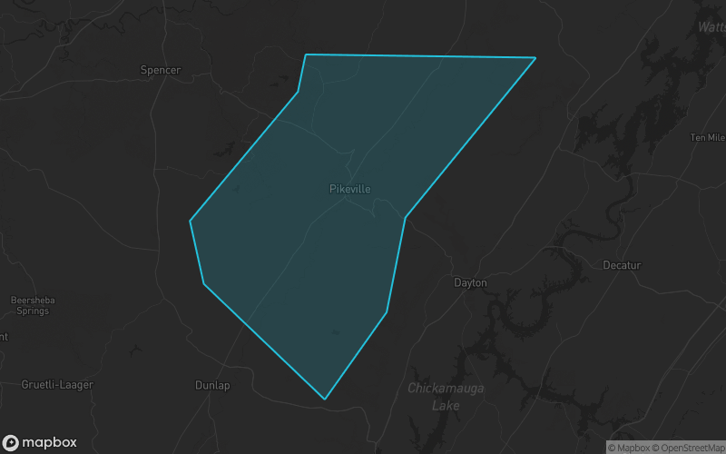 Map of Bledsoe County, Tennessee showing the county boundary and surrounding cities