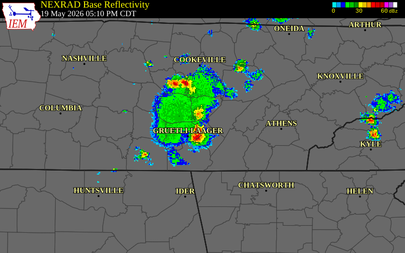 NEXRAD radar during the Tuesday, May 19, 2026 storm activity in Bledsoe County, Tennessee
