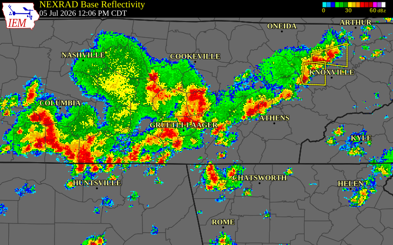 NEXRAD radar during the Sunday, July 5, 2026 storm activity in Bledsoe County, Tennessee