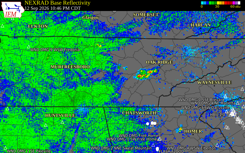 Current NEXRAD radar over Bledsoe County, Tennessee with recent storm report locations