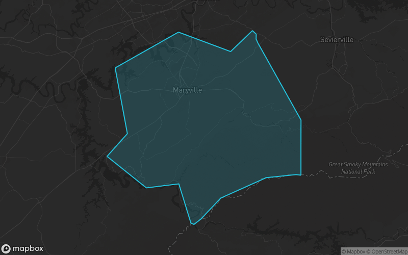 Map of Blount County, Tennessee showing the county boundary and surrounding cities
