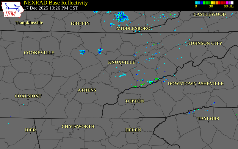 NEXRAD radar during the Wednesday, December 17, 2025 storm activity in Blount County, Tennessee