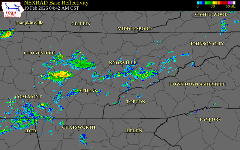 NEXRAD radar during the Thursday, February 19, 2026 storm activity in Blount County, Tennessee