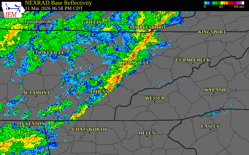 NEXRAD radar during the Wednesday, March 11, 2026 storm activity in Blount County, Tennessee