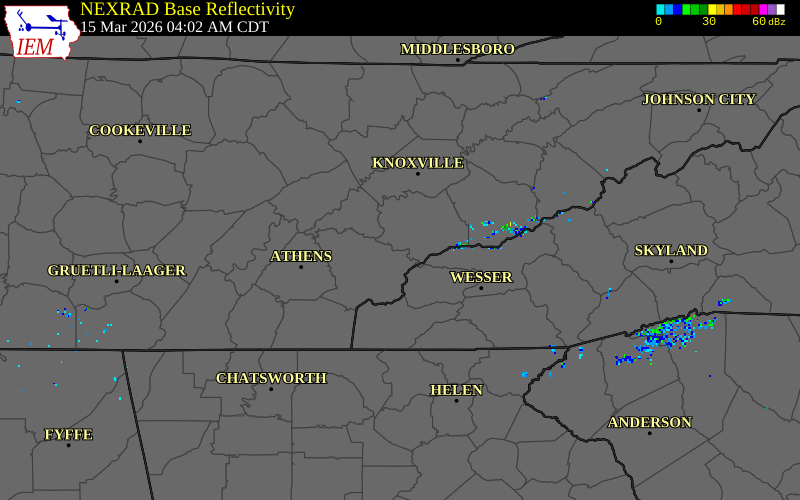 NEXRAD radar during the Sunday, March 15, 2026 storm activity in Blount County, Tennessee