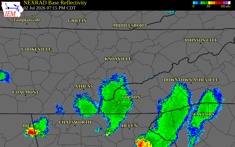 NEXRAD radar during the Thursday, July 2, 2026 storm activity in Blount County, Tennessee