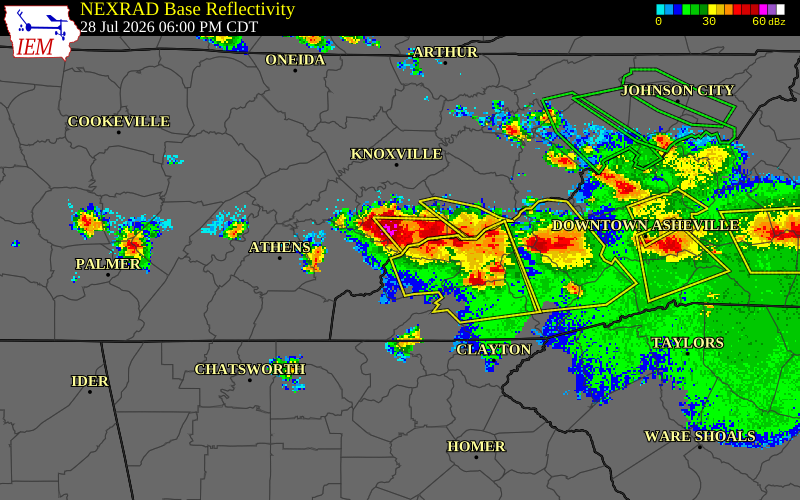 NEXRAD radar during the Tuesday, July 28, 2026 storm activity in Blount County, Tennessee