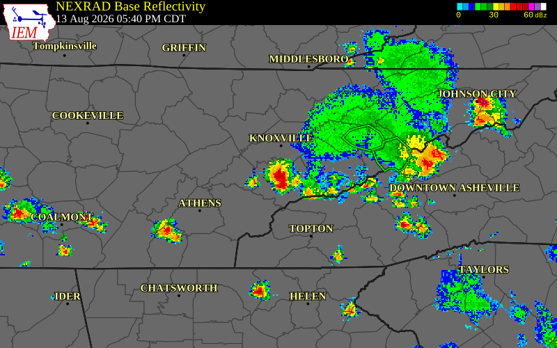 NEXRAD radar during the Thursday, August 13, 2026 storm activity in Blount County, Tennessee