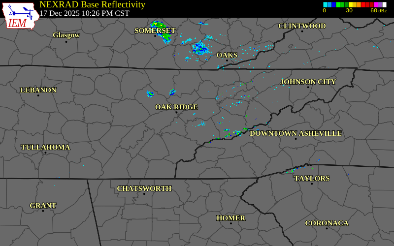 Radar snapshot during the Dec 17, 2025 wind event near 2 NW Alcoa, Blount County, Tennessee, with NWS warning polygons