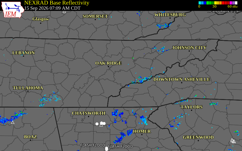 Current NEXRAD radar over Blount County, Tennessee with recent storm report locations