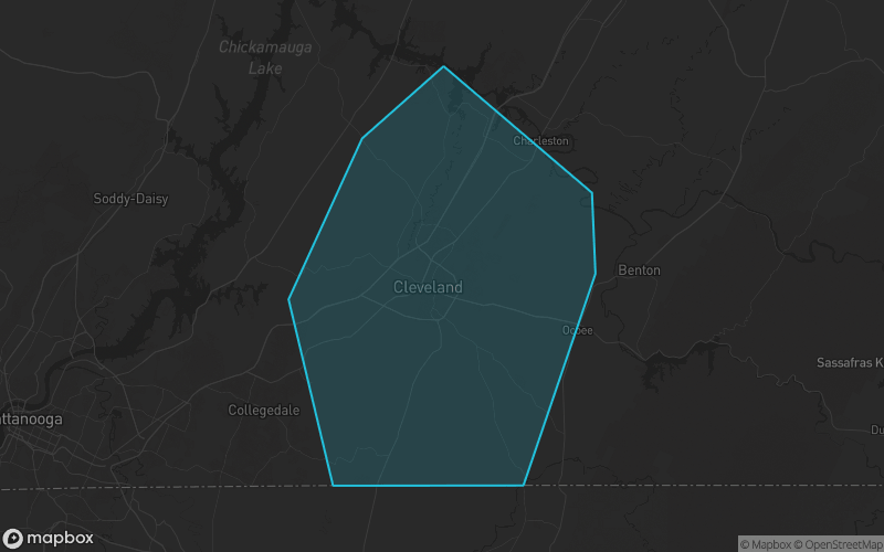 Map of Bradley County, Tennessee showing the county boundary and surrounding cities