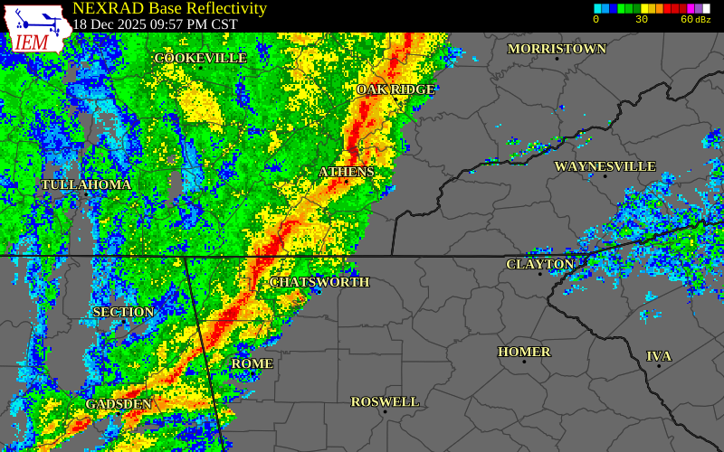 NEXRAD radar during the Thursday, December 18, 2025 storm activity in Bradley County, Tennessee