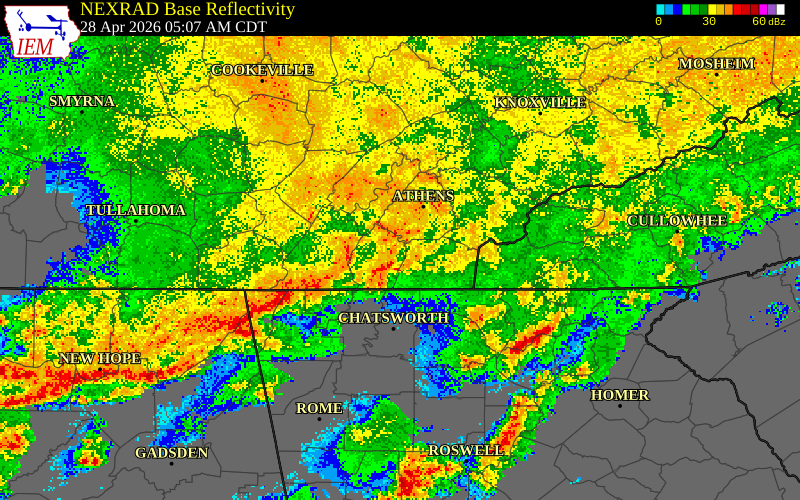 NEXRAD radar during the Tuesday, April 28, 2026 storm activity in Bradley County, Tennessee