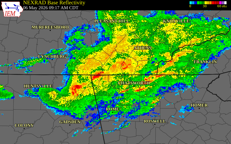 NEXRAD radar during the Wednesday, May 6, 2026 storm activity in Bradley County, Tennessee