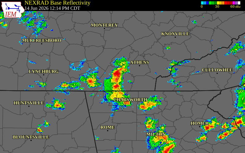 NEXRAD radar during the Sunday, June 14, 2026 storm activity in Bradley County, Tennessee