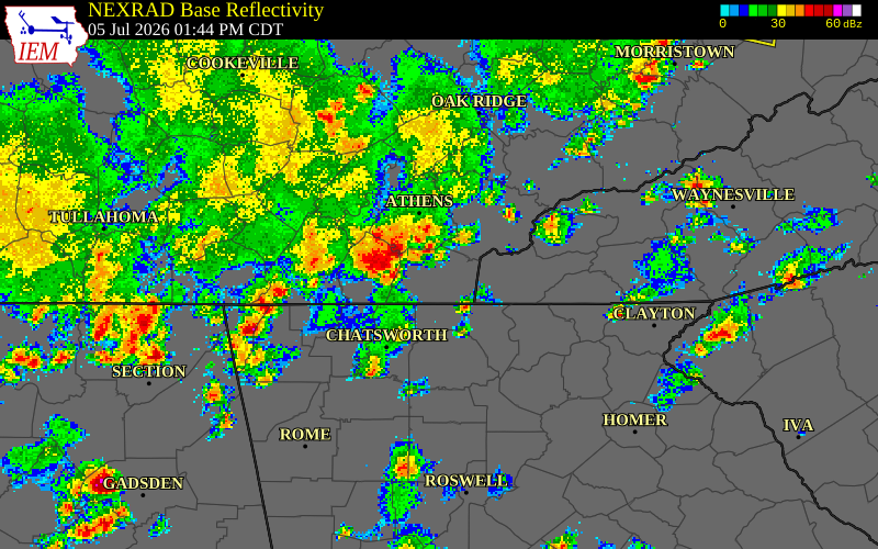 NEXRAD radar during the Sunday, July 5, 2026 storm activity in Bradley County, Tennessee
