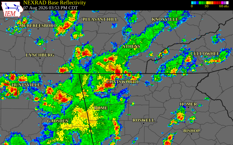 NEXRAD radar during the Friday, August 7, 2026 storm activity in Bradley County, Tennessee