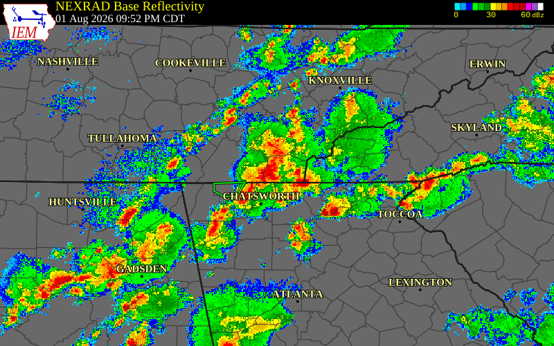 Radar snapshot during the Aug 1, 2026 wind event near Bradley County, Bradley County, Tennessee, with NWS warning polygons