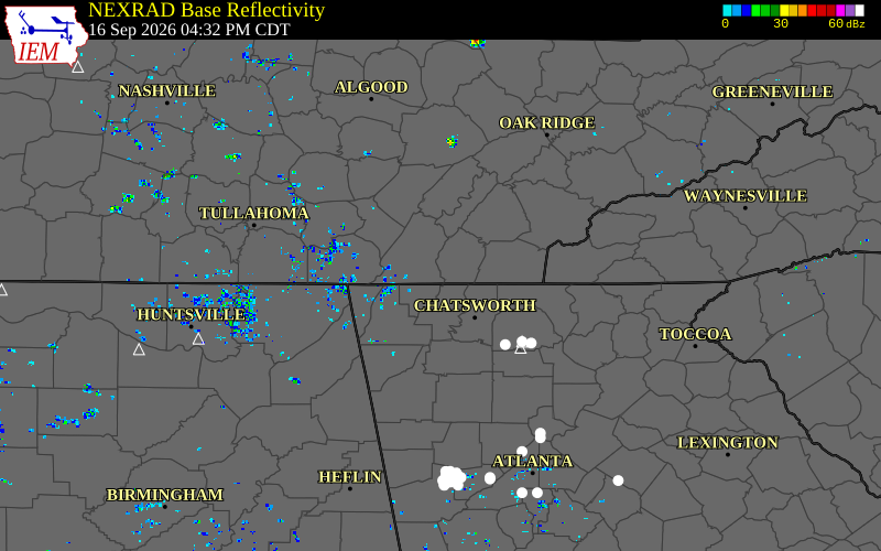 Current NEXRAD radar over Bradley County, Tennessee with recent storm report locations
