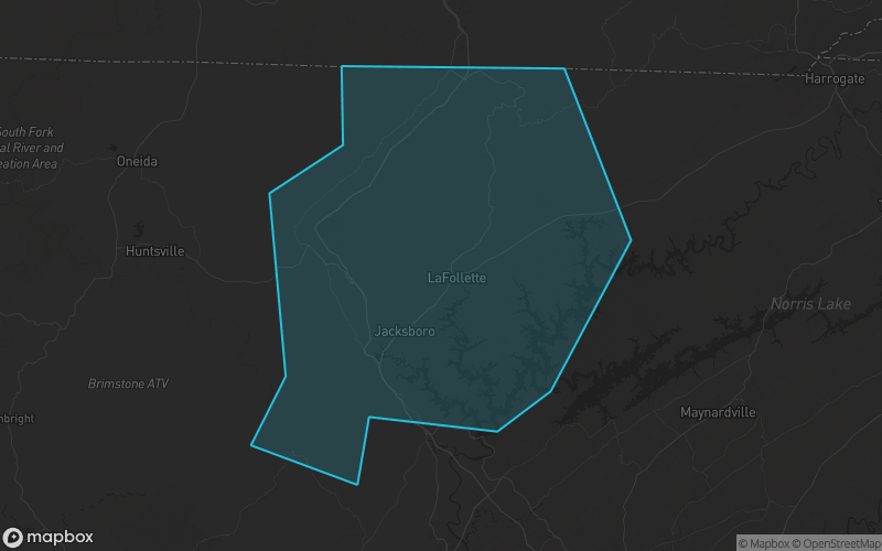 Map of Campbell County, Tennessee showing the county boundary and surrounding cities