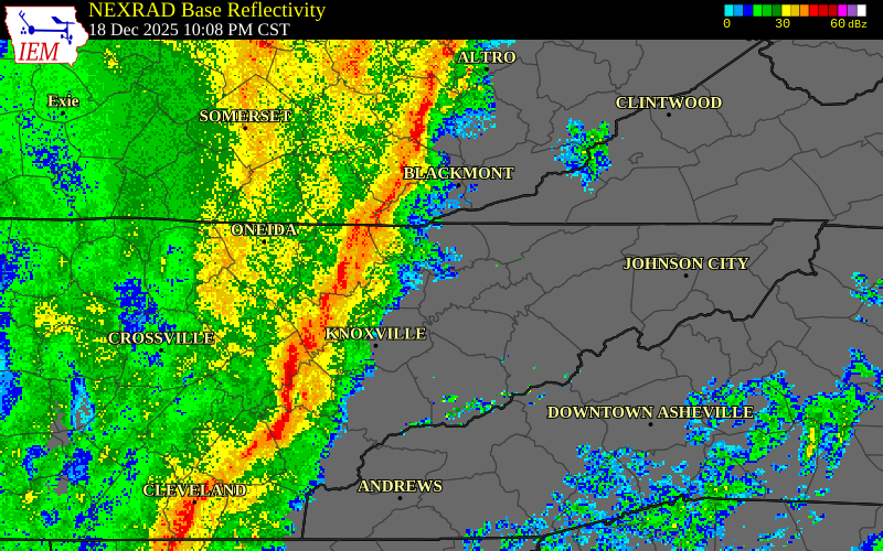 NEXRAD radar during the Thursday, December 18, 2025 storm activity in Campbell County, Tennessee