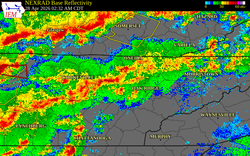 NEXRAD radar during the Tuesday, April 28, 2026 storm activity in Campbell County, Tennessee