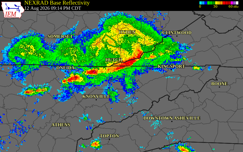 NEXRAD radar during the Wednesday, August 12, 2026 storm activity in Campbell County, Tennessee