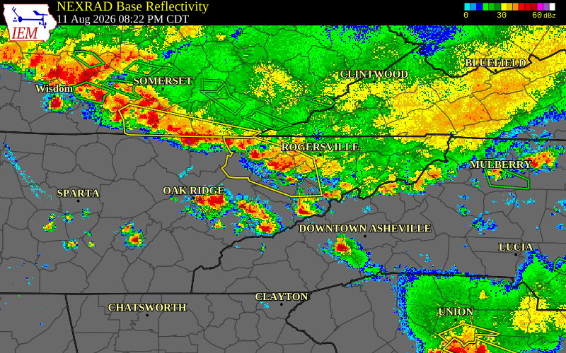 Radar snapshot during the Aug 11, 2026 wind event near Campbell County, Campbell County, Tennessee, with NWS warning polygons