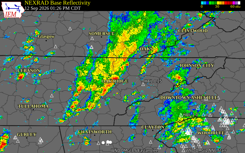 Current NEXRAD radar over Campbell County, Tennessee with recent storm report locations