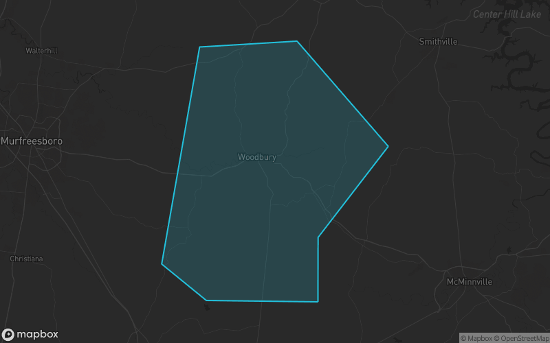 Map of Cannon County, Tennessee showing the county boundary and surrounding cities