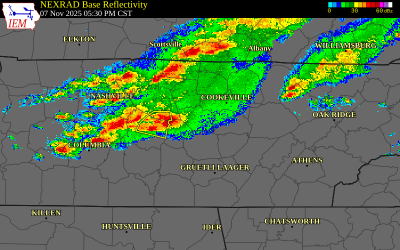 NEXRAD radar during the Friday, November 7, 2025 storm activity in Cannon County, Tennessee