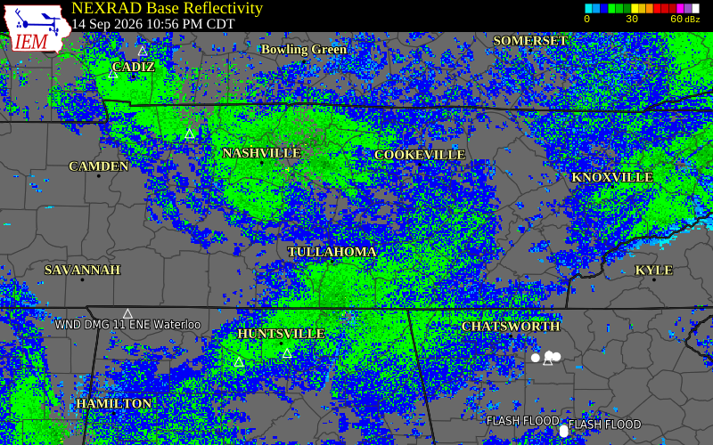 Current NEXRAD radar over Cannon County, Tennessee with recent storm report locations