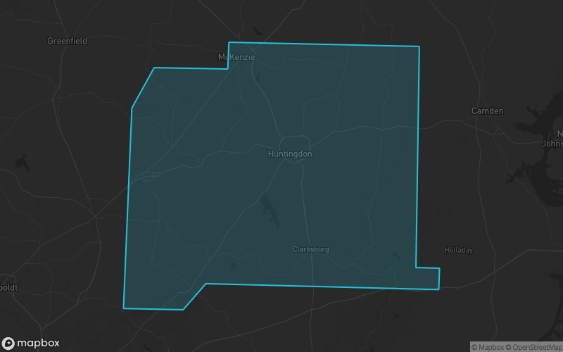 Map of Carroll County, Tennessee showing the county boundary and surrounding cities