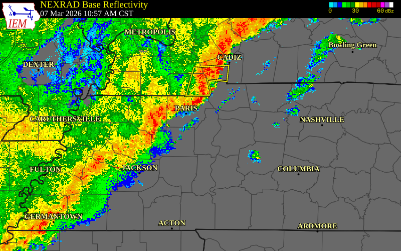 NEXRAD radar during the Saturday, March 7, 2026 storm activity in Carroll County, Tennessee
