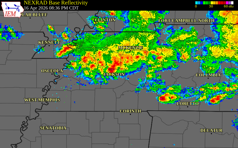 NEXRAD radar during the Thursday, April 16, 2026 storm activity in Carroll County, Tennessee