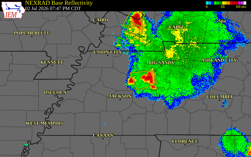 NEXRAD radar during the Thursday, July 2, 2026 storm activity in Carroll County, Tennessee