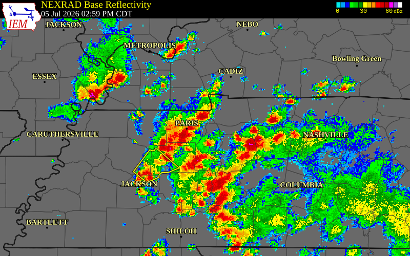 NEXRAD radar during the Sunday, July 5, 2026 storm activity in Carroll County, Tennessee