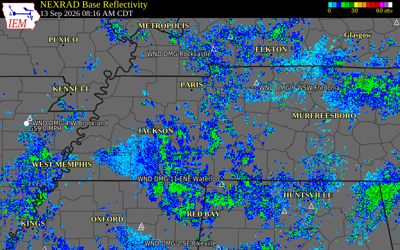 Current NEXRAD radar over Carroll County, Tennessee with recent storm report locations