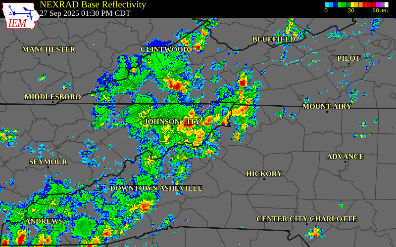 NEXRAD radar during the Saturday, September 27, 2025 storm activity in Carter County, Tennessee