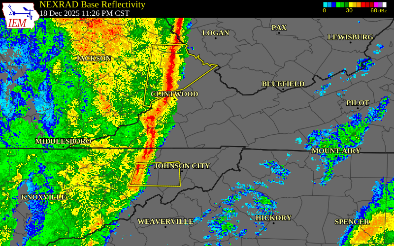 NEXRAD radar during the Thursday, December 18, 2025 storm activity in Carter County, Tennessee