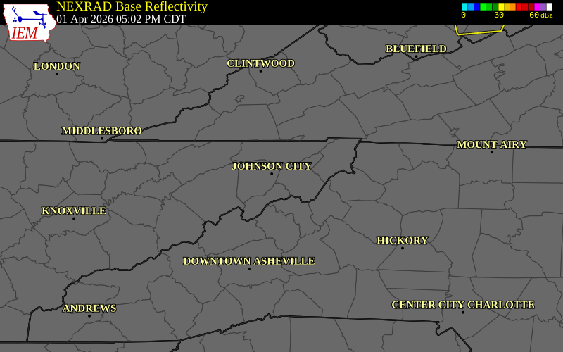 NEXRAD radar during the Wednesday, April 1, 2026 storm activity in Carter County, Tennessee