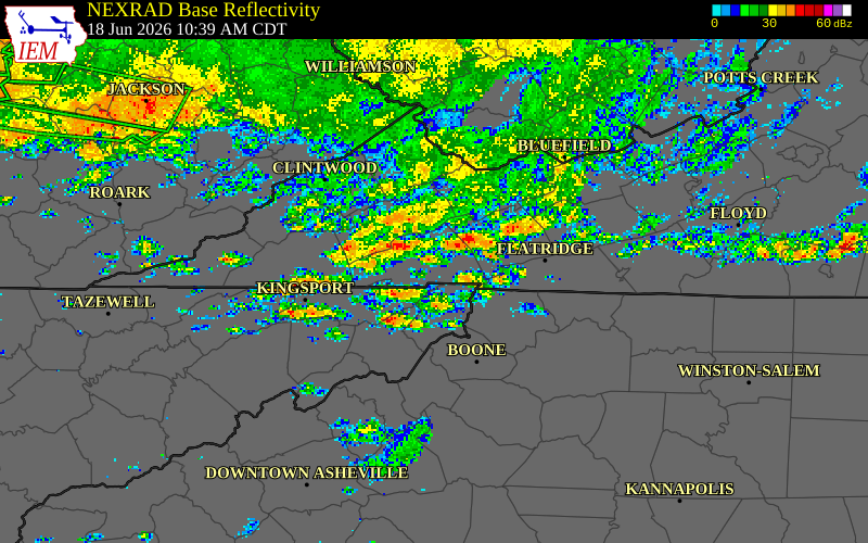NEXRAD radar during the Thursday, June 18, 2026 storm activity in Carter County, Tennessee