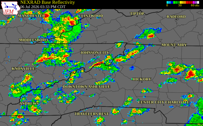 NEXRAD radar during the Monday, July 6, 2026 storm activity in Carter County, Tennessee