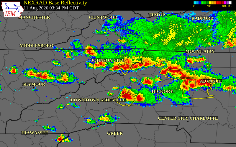 NEXRAD radar during the Tuesday, August 11, 2026 storm activity in Carter County, Tennessee