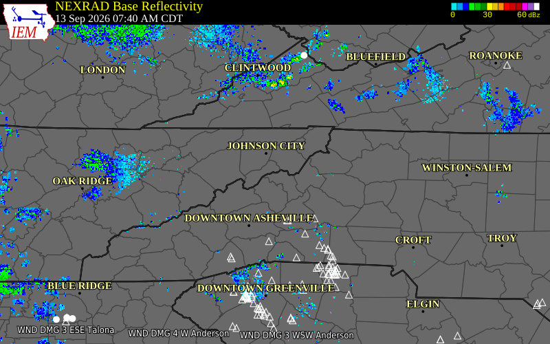 Current NEXRAD radar over Carter County, Tennessee with recent storm report locations